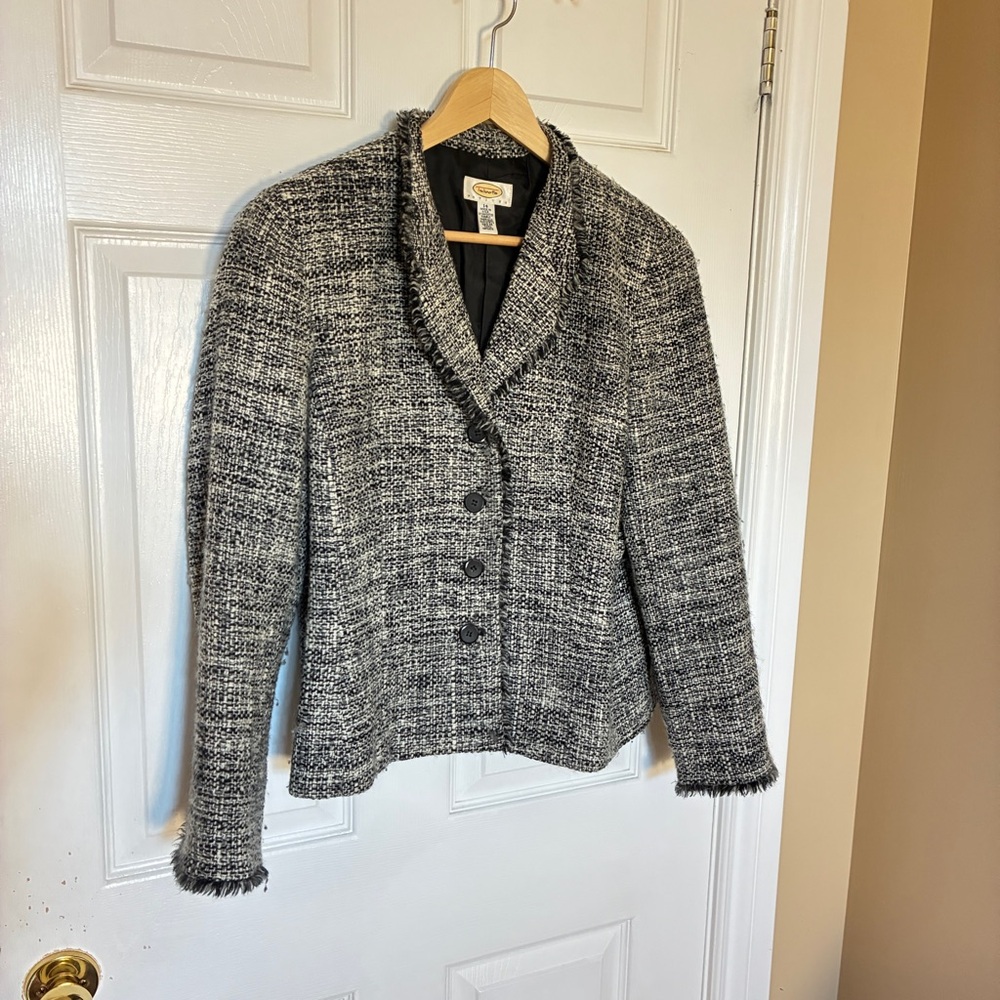 Talbots Wool Blend Tweed Blazer Charcoal Ivory Petite 14P Fully Lined